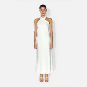 Galvan Pandora Satin Halterneck Midi-Dress White Bridal